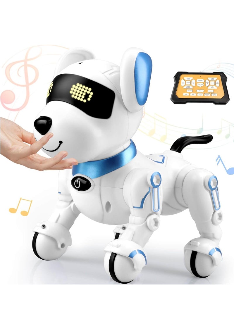 Interactive Robot Dog Toy with Touch Sensing, LED Display, Remote Control, Educational Functions, White and Blue - Image 1