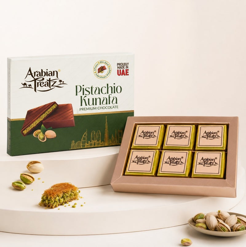 Arabian Treatz Pistachio Kunafa Premium Chocolate Gift Box 120g | Authentic Dubai Style Pistachio & Crispy Kunafa Filled Milk Chocolate | Made in UAE | Luxury Chocolate Gift - Image 1