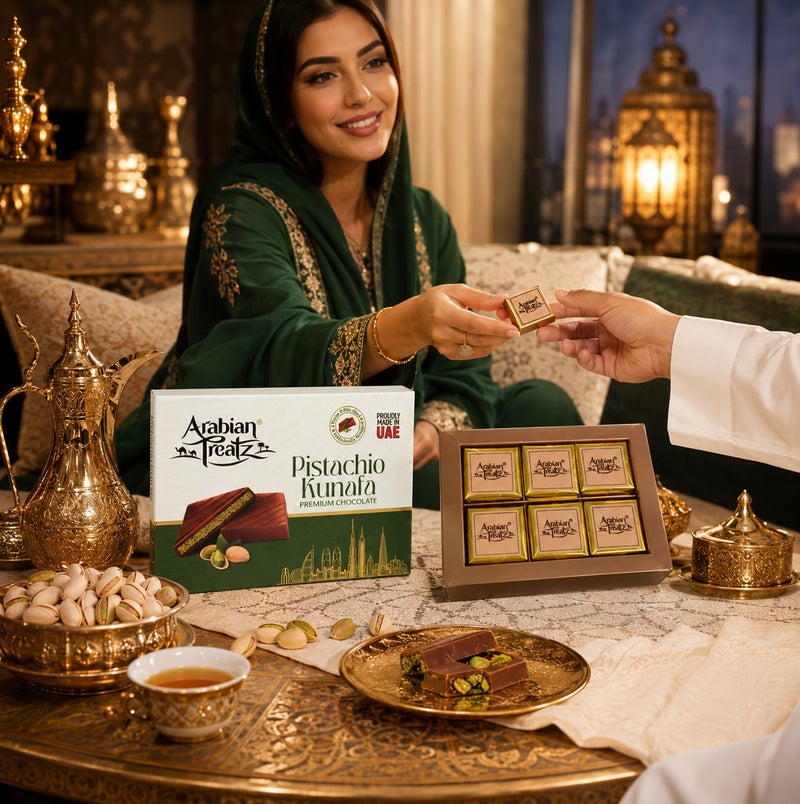 Arabian Treatz Pistachio Kunafa Premium Chocolate Gift Box 120g | Authentic Dubai Style Pistachio & Crispy Kunafa Filled Milk Chocolate | Made in UAE | Luxury Chocolate Gift - Image 2