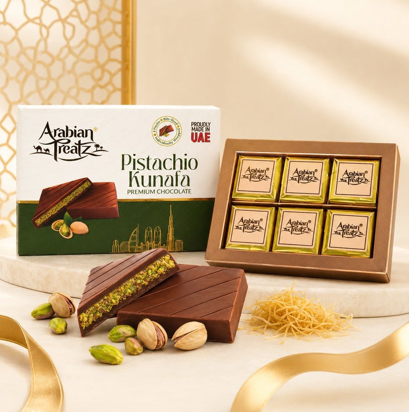 Arabian Treatz Pistachio Kunafa Premium Chocolate Gift Box 120g | Authentic Dubai Style Pistachio & Crispy Kunafa Filled Milk Chocolate | Made in UAE | Luxury Chocolate Gift - Image 3