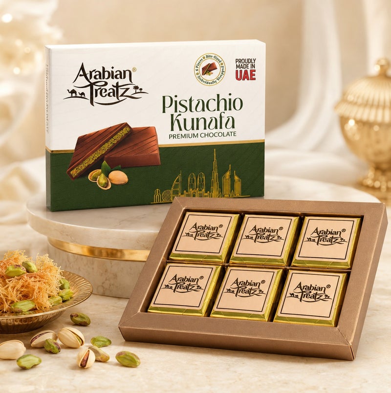 Arabian Treatz Pistachio Kunafa Premium Chocolate Gift Box 120g | Authentic Dubai Style Pistachio & Crispy Kunafa Filled Milk Chocolate | Made in UAE | Luxury Chocolate Gift - Image 4