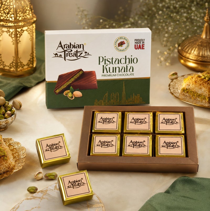 Arabian Treatz Pistachio Kunafa Premium Chocolate Gift Box 120g | Authentic Dubai Style Pistachio & Crispy Kunafa Filled Milk Chocolate | Made in UAE | Luxury Chocolate Gift - Image 5