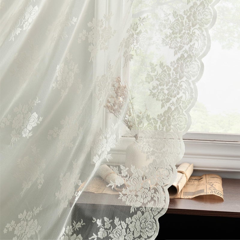 Kotile Ivory Lace Curtains 96 Inches Long  Country Floral Vintage Lace Window Curtains for Living Room Premium Scalloped Floral Sheer Lace Curtain Panels 52 x 96 Inch 2 Panels IvoryCream