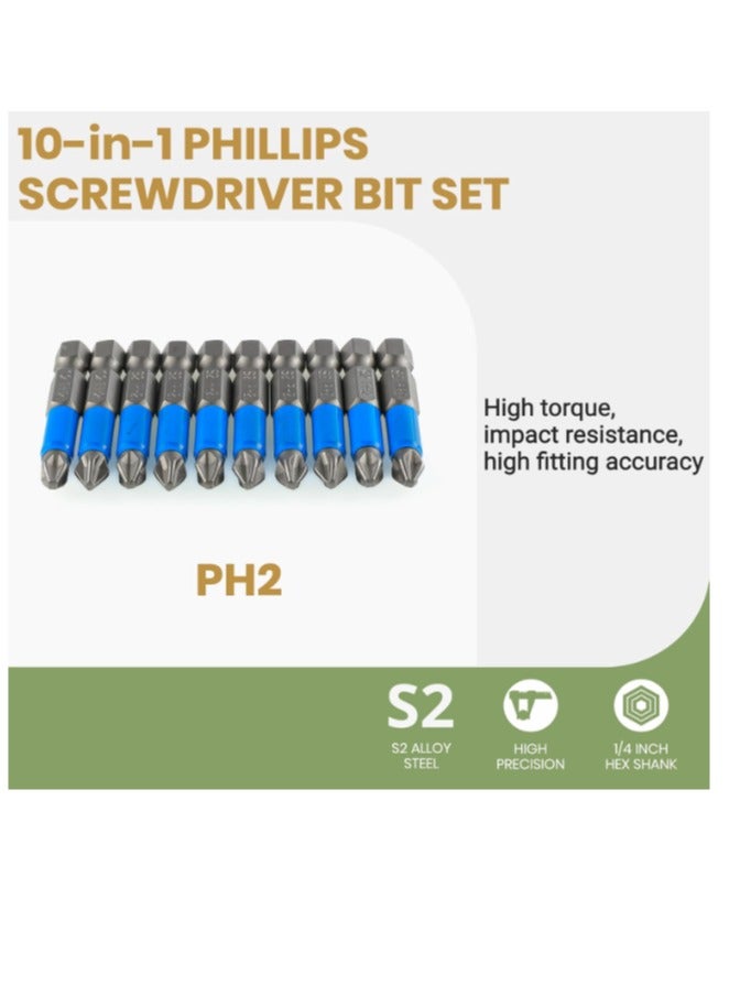 Yakumuz Anti Slip Phillips Cross Slot PH2#2 Short Screwdriver Bit Set Yakumuz 10PCS 1/4 Inch Hex Shank 2 Inch/50 mm Length S2 Steel with Magnetic Tip for Power Screwdriver Drill Impact Driver Tool Accessory  - Image 3