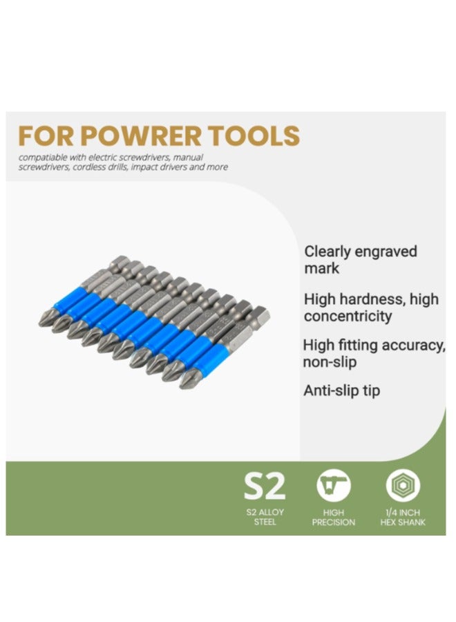 Yakumuz Anti Slip Phillips Cross Slot PH2#2 Short Screwdriver Bit Set Yakumuz 10PCS 1/4 Inch Hex Shank 2 Inch/50 mm Length S2 Steel with Magnetic Tip for Power Screwdriver Drill Impact Driver Tool Accessory  - Image 2