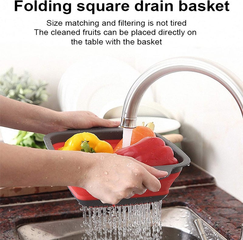 Baskety Foldable Collapsible Kitchen Colander 2 Pcs Square Collapsible Washing up Bowl Silicone Strainer Set Filter Basket 2 Sizes (RED) - Image 3