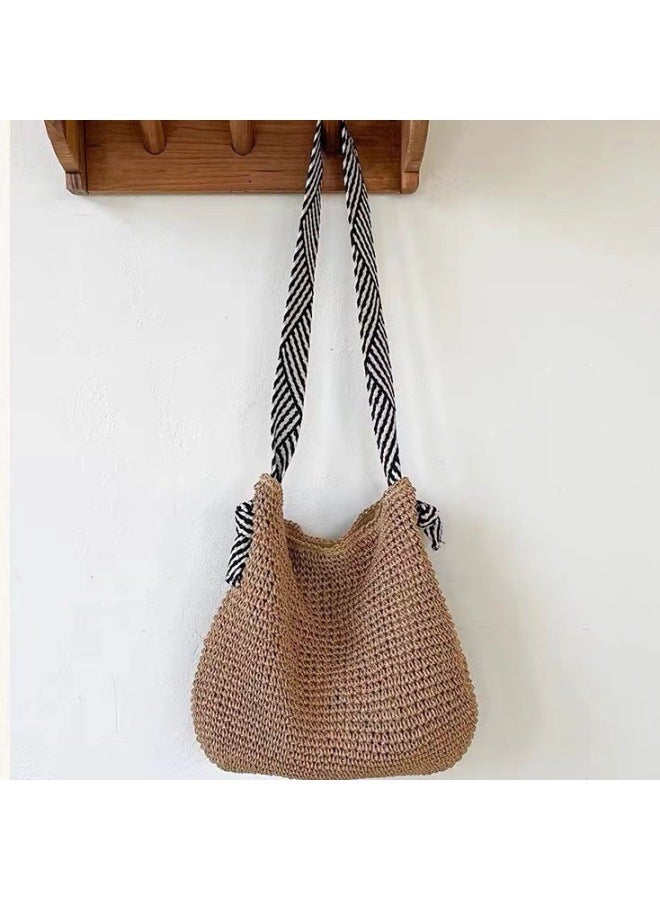 Handcrafted Naval Style Straw Woven Bag Urban Simplicity Large Size Soft Magnetic Buckle Closure Shoulder Beach Vacation Bag-Color:Stripe (brown) - Image 4