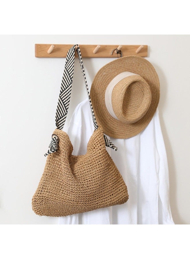 Handcrafted Naval Style Straw Woven Bag Urban Simplicity Large Size Soft Magnetic Buckle Closure Shoulder Beach Vacation Bag-Color:Stripe (brown) - Image 1