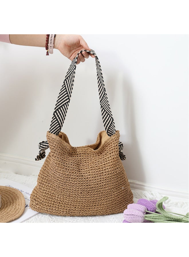 Handcrafted Naval Style Straw Woven Bag Urban Simplicity Large Size Soft Magnetic Buckle Closure Shoulder Beach Vacation Bag-Color:Stripe (brown) - Image 3