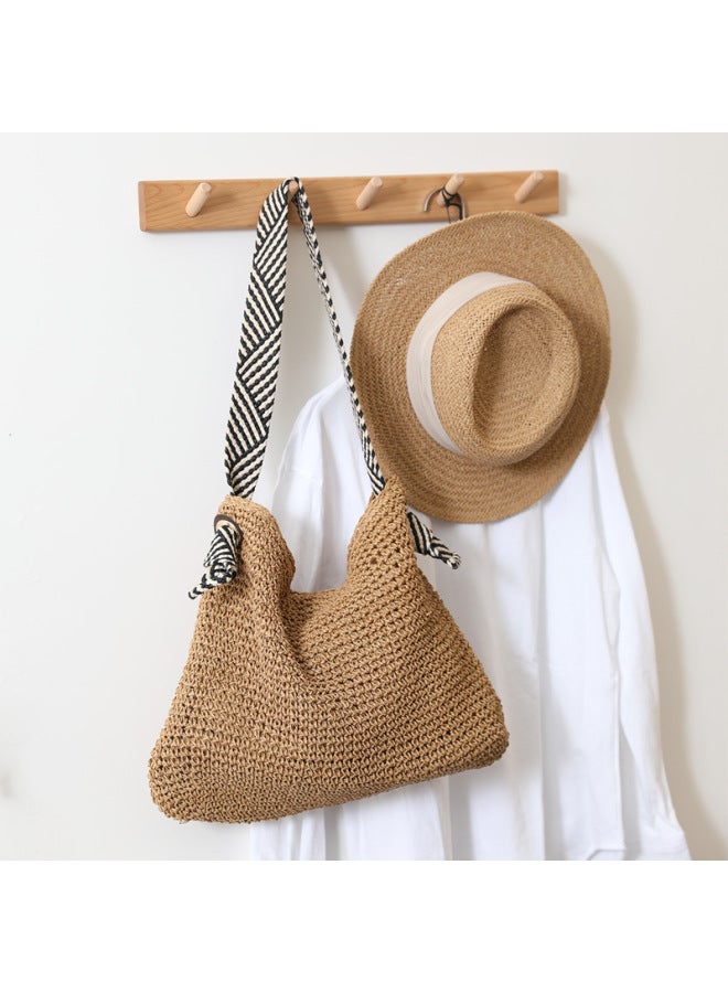 Handcrafted Naval Style Straw Woven Bag Urban Simplicity Large Size Soft Magnetic Buckle Closure Shoulder Beach Vacation Bag-Color:Stripe (brown) - Image 2
