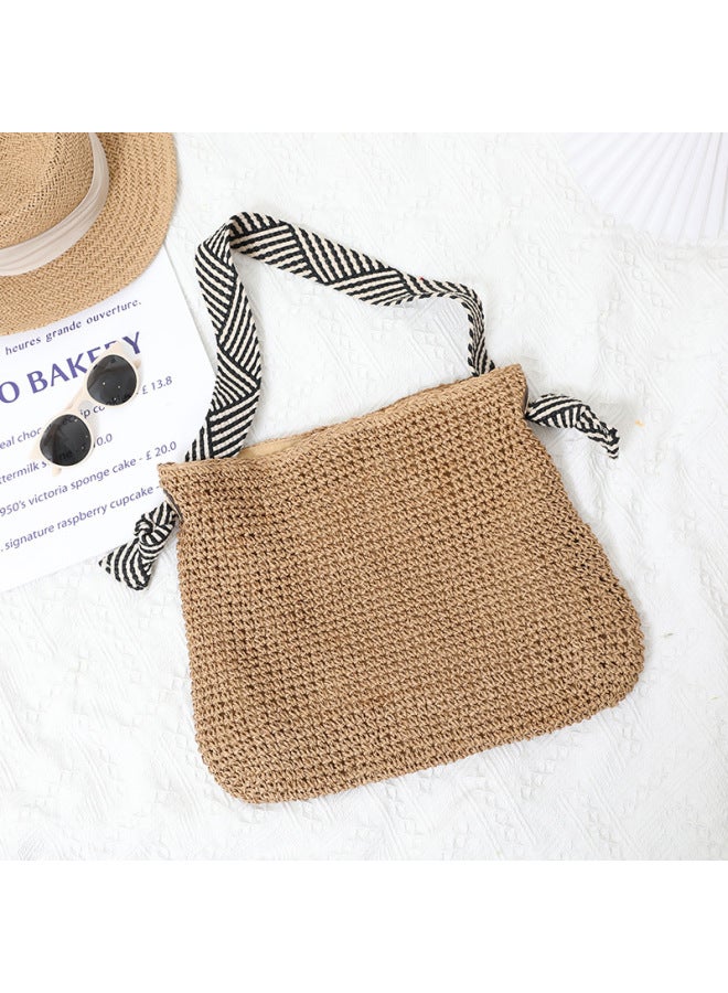 Handcrafted Naval Style Straw Woven Bag Urban Simplicity Large Size Soft Magnetic Buckle Closure Shoulder Beach Vacation Bag-Color:Stripe (brown) - Image 5