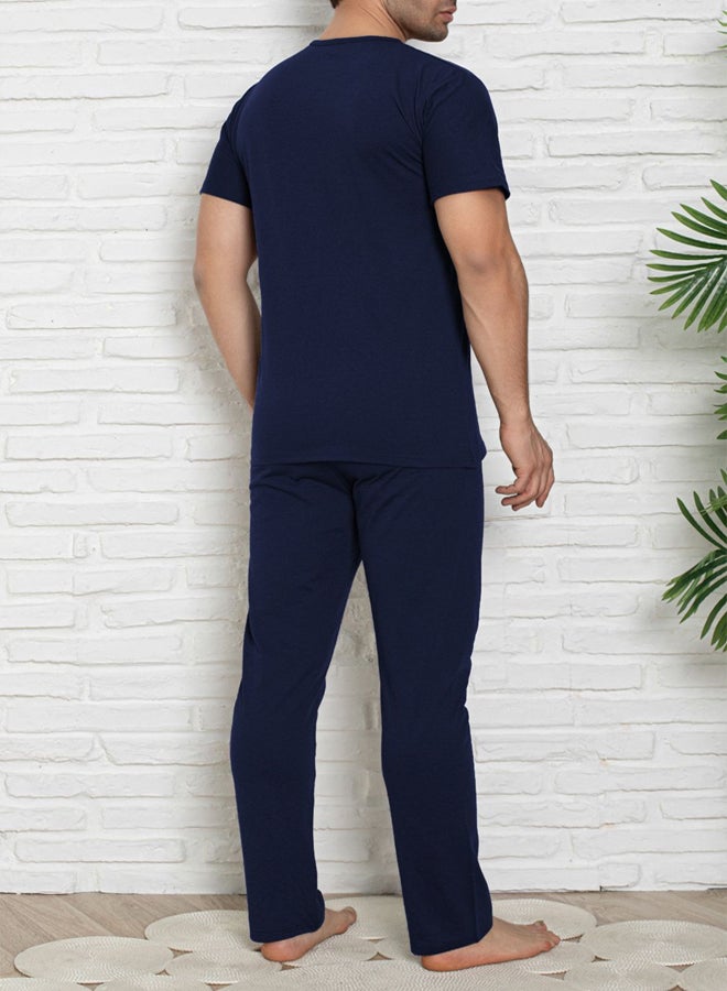 trendyol Navy Blue Regular Fit Knitted Pajama Set - Image 4