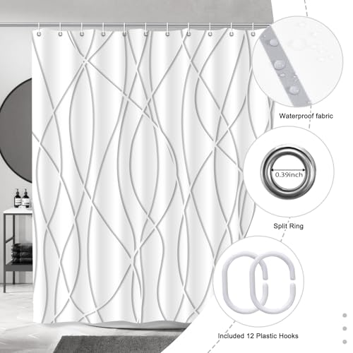 Punkray Grey Shadow Shower Curtain for Bathroom with Hooks, Shower Curtain Set Stripe Bath Curtains Decor White Shower Curtains Weighted Hem Washable, 72 x 72 - Image 5