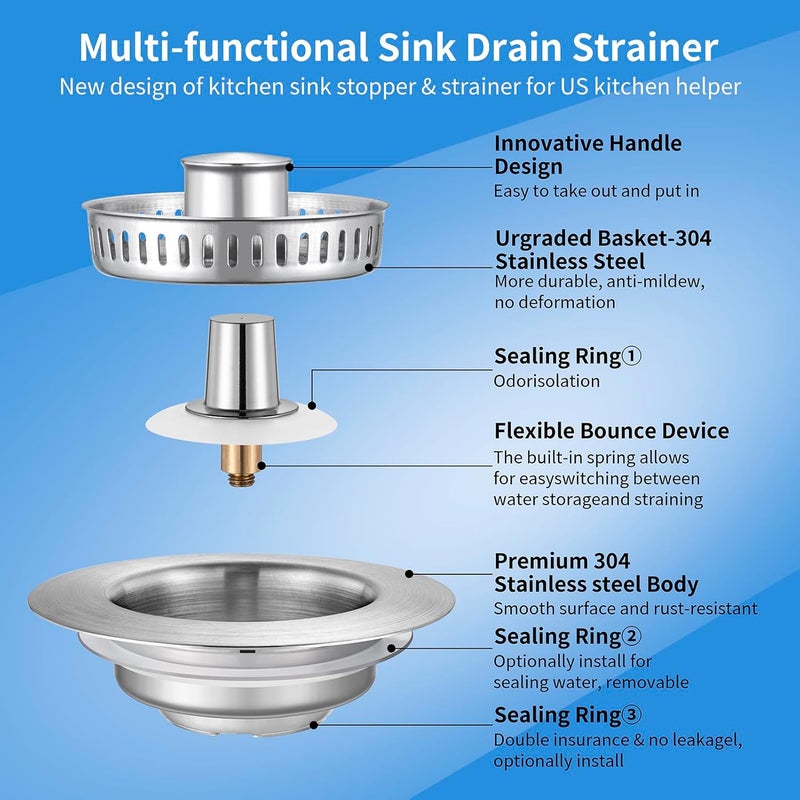 Inkhut Upgraded 3 in 1 Kitchen Sink Drain Strainer - Stainless Steel Sink Stopper, Anti-Clogging Sink Food Catcher Basket, Fast Drainage Odor Filter Sink Plug for US Standard 3 1/2 inch Drain (Silver-2Pack) - Image 5