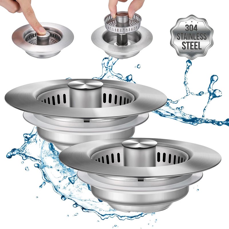 Inkhut Upgraded 3 in 1 Kitchen Sink Drain Strainer - Stainless Steel Sink Stopper, Anti-Clogging Sink Food Catcher Basket, Fast Drainage Odor Filter Sink Plug for US Standard 3 1/2 inch Drain (Silver-2Pack) - Image 1