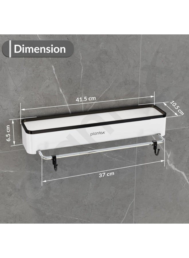 Plantex 3in1 Multipurpose Shelf/ABS Plastic White Floating Shelf with Towel Rod and Hooks for Bathroom/Kitchen/Wall-Mount Shelf for Bathroom/Storage Shelf (16 x 4 Inches) - Image 4