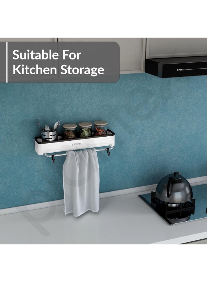 Plantex 3in1 Multipurpose Shelf/ABS Plastic White Floating Shelf with Towel Rod and Hooks for Bathroom/Kitchen/Wall-Mount Shelf for Bathroom/Storage Shelf (16 x 4 Inches) - Image 3