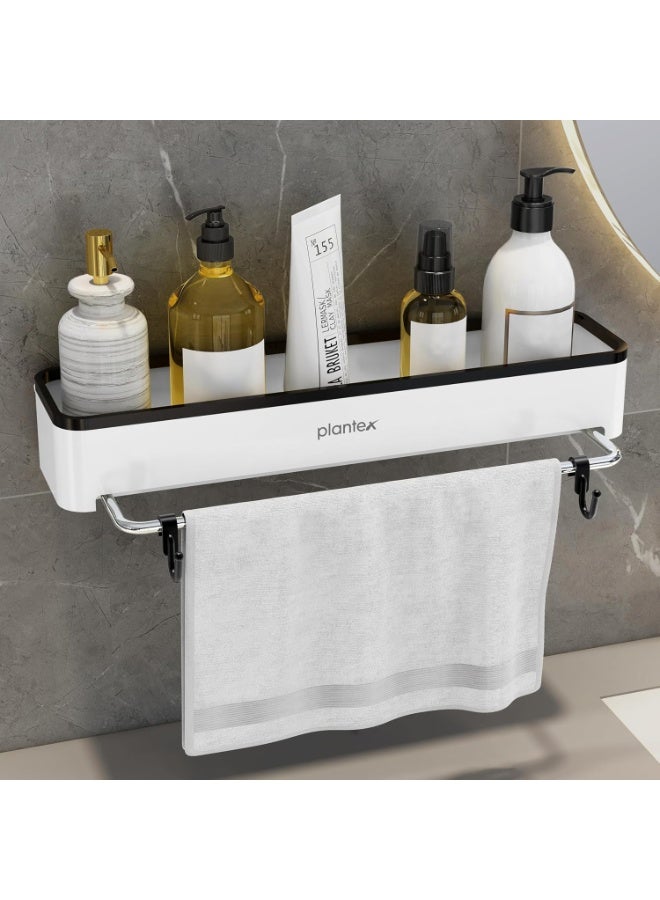 Plantex 3in1 Multipurpose Shelf/ABS Plastic White Floating Shelf with Towel Rod and Hooks for Bathroom/Kitchen/Wall-Mount Shelf for Bathroom/Storage Shelf (16 x 4 Inches) - Image 1
