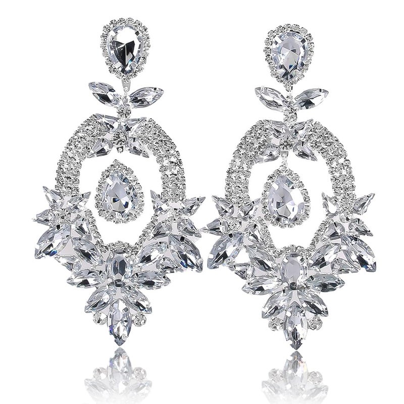 XSBODY Costume Silver Large Rhinestone Earrings Dangling Trendy Bling Oversized Statement Earrings For Women Formal (Silver-01) - Image 3