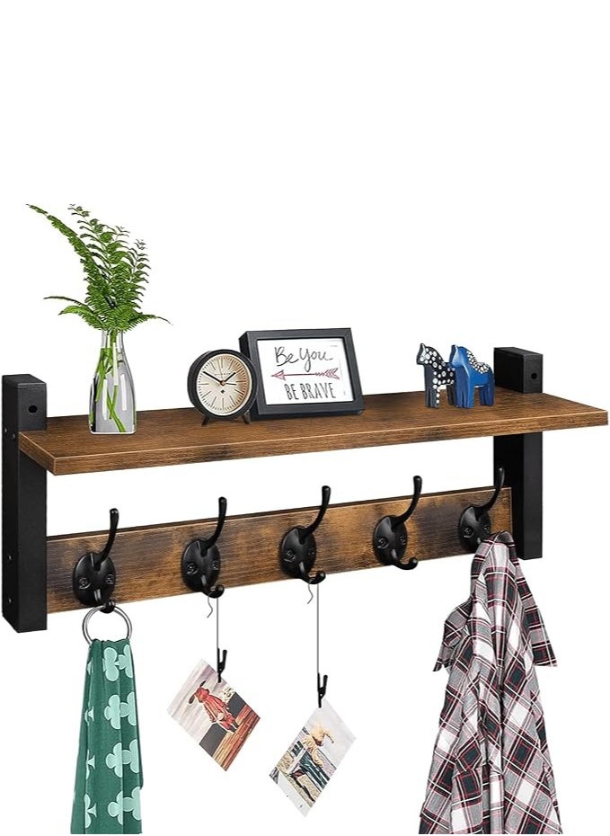 LENND Wall Hooks with Shelf, Wood Coat Rack with Shelf Wall-Mounted, Entryway Hanging Shelf with 5 Metal Hooks for Clothes Hats Towel Purse Robes, Bathroom Mudroom Bedroom, Rustic Brown Black  - Image 1