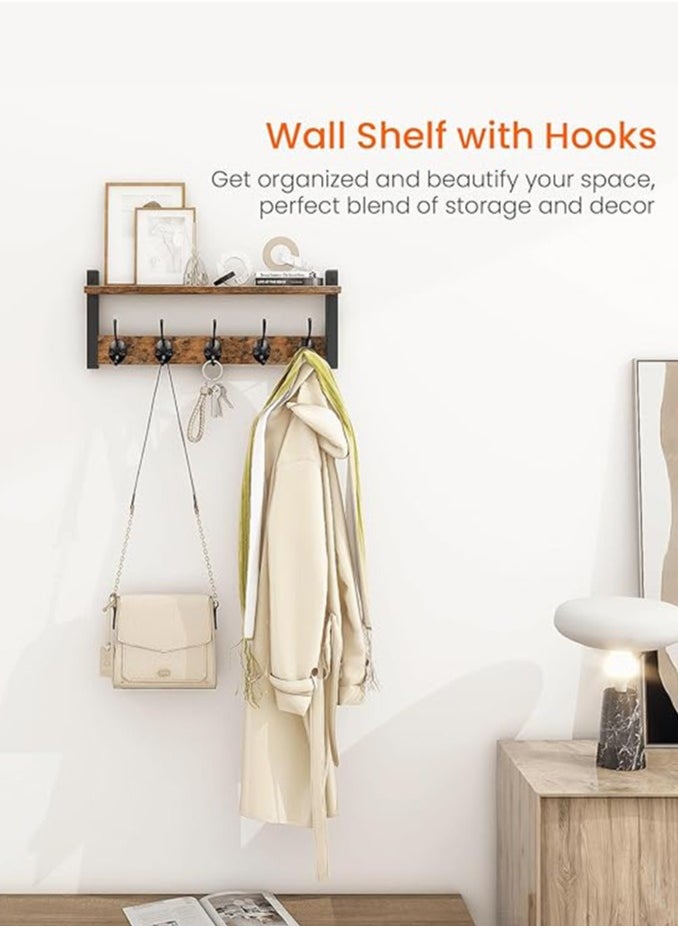 LENND Wall Hooks with Shelf, Wood Coat Rack with Shelf Wall-Mounted, Entryway Hanging Shelf with 5 Metal Hooks for Clothes Hats Towel Purse Robes, Bathroom Mudroom Bedroom, Rustic Brown Black  - Image 2