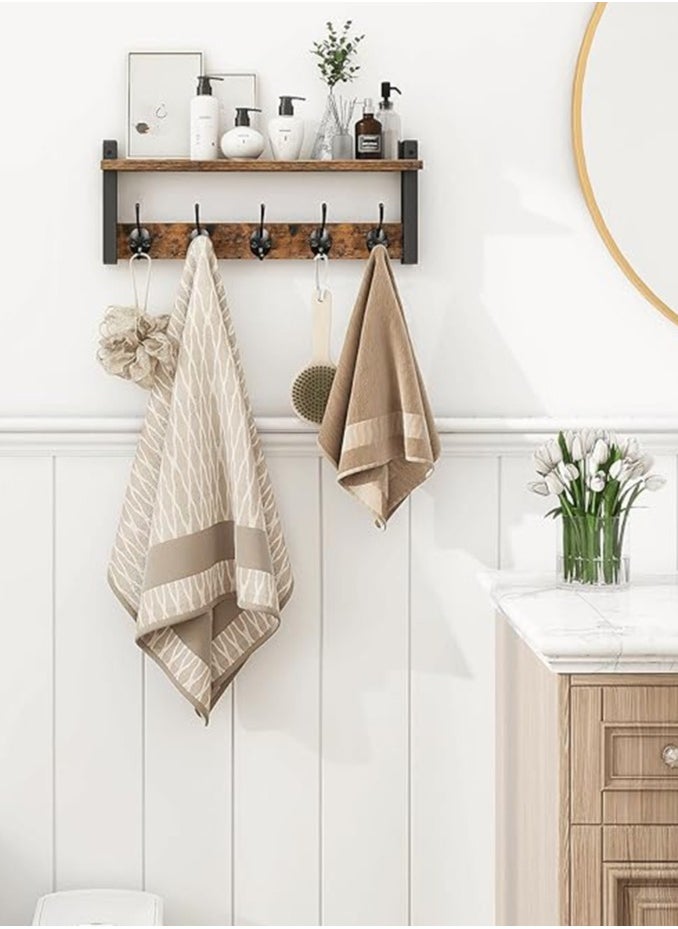 LENND Wall Hooks with Shelf, Wood Coat Rack with Shelf Wall-Mounted, Entryway Hanging Shelf with 5 Metal Hooks for Clothes Hats Towel Purse Robes, Bathroom Mudroom Bedroom, Rustic Brown Black  - Image 3