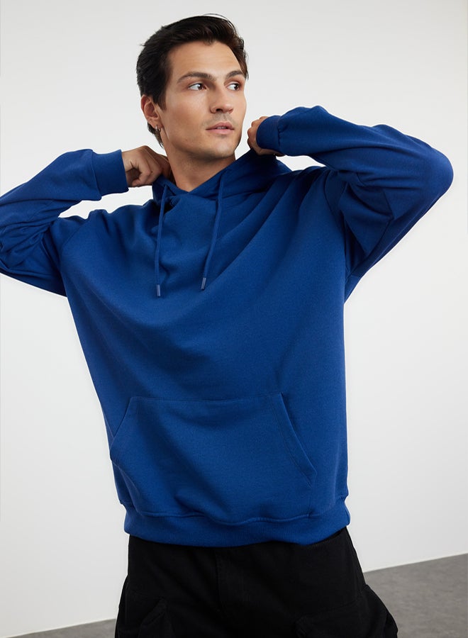 trendyol Navy Blue Oversize/Wide Cut Hooded Fleece Inside/Warm Sweatshirt TMNAW23SW00195 - Image 2