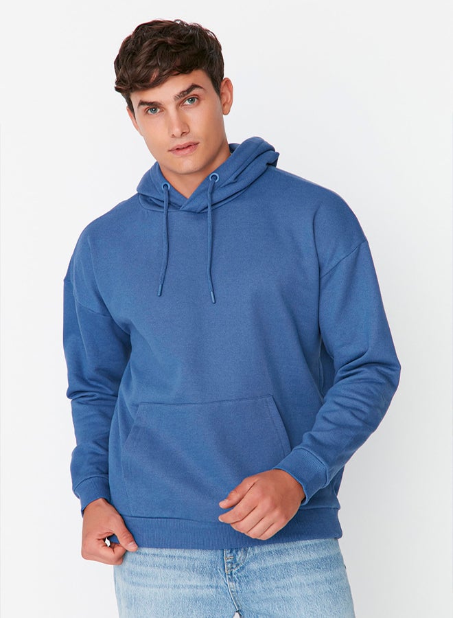 trendyol Navy Blue Oversize/Wide Cut Hooded Fleece Inside/Warm Sweatshirt TMNAW23SW00195 - Image 5