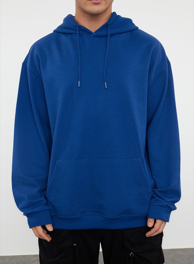 trendyol Navy Blue Oversize/Wide Cut Hooded Fleece Inside/Warm Sweatshirt TMNAW23SW00195 - Image 3