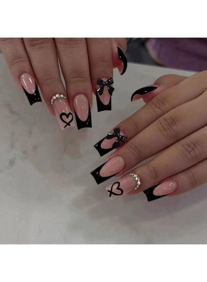Goolsky Premium Long Black French Press-on Nails with Bow & Glitter for Edgy Chic Style - Image 1