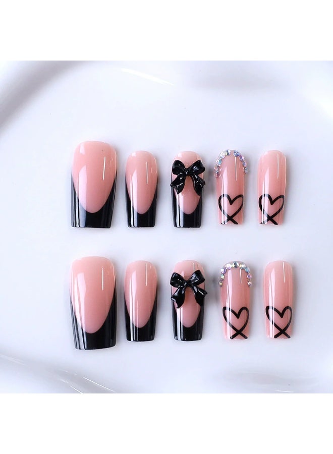 Goolsky Premium Long Black French Press-on Nails with Bow & Glitter for Edgy Chic Style - Image 5