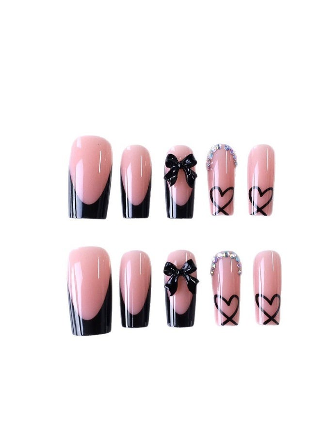 Goolsky Premium Long Black French Press-on Nails with Bow & Glitter for Edgy Chic Style - Image 3