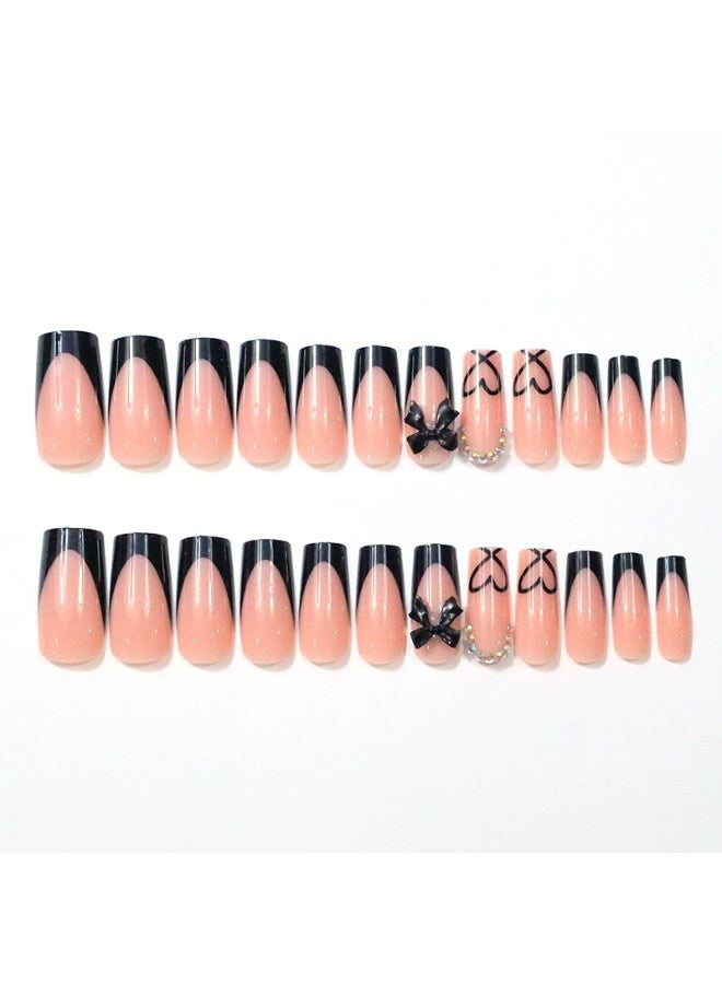 Goolsky Premium Long Black French Press-on Nails with Bow & Glitter for Edgy Chic Style - Image 2