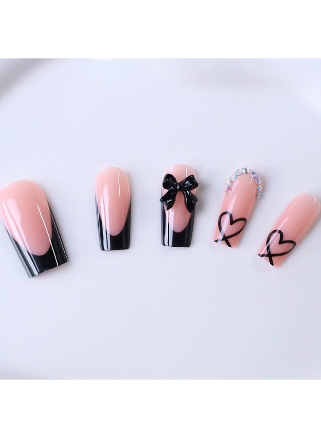 Goolsky Premium Long Black French Press-on Nails with Bow & Glitter for Edgy Chic Style - Image 4