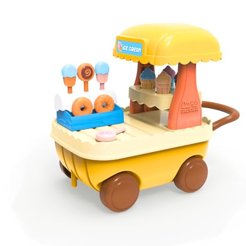 OLEOCA Family Ice Cream Cart Toy Dessert Pushcart Set with Popsicles Cones Donuts Street Vendor Stall for Dollhouse Pretend Play Gift for Kids Ages 3 - Image 1