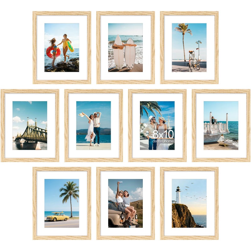 decorUhome 8x10 Picture Frame Set of 10, Display Pictures 5x7 with Mat or 8x10 without Mat, Natural Photo Frame with Plexiglass for Picture Frames Collage Wall Decor, Natural, 8x10 - Image 1