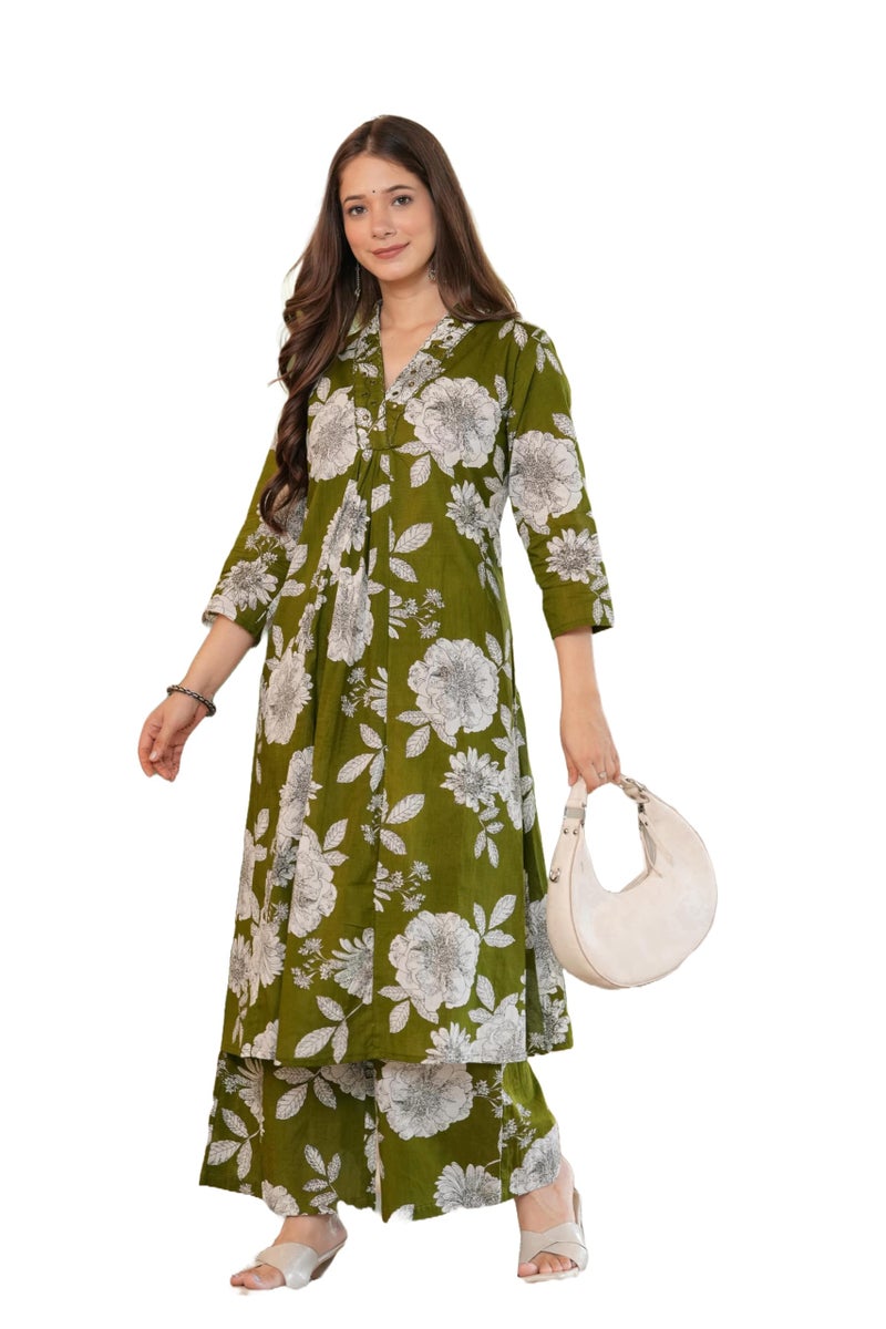 MEERA FAB Women Cotton Printed V-Neck Kurta Palazzo Set Green - Image 1