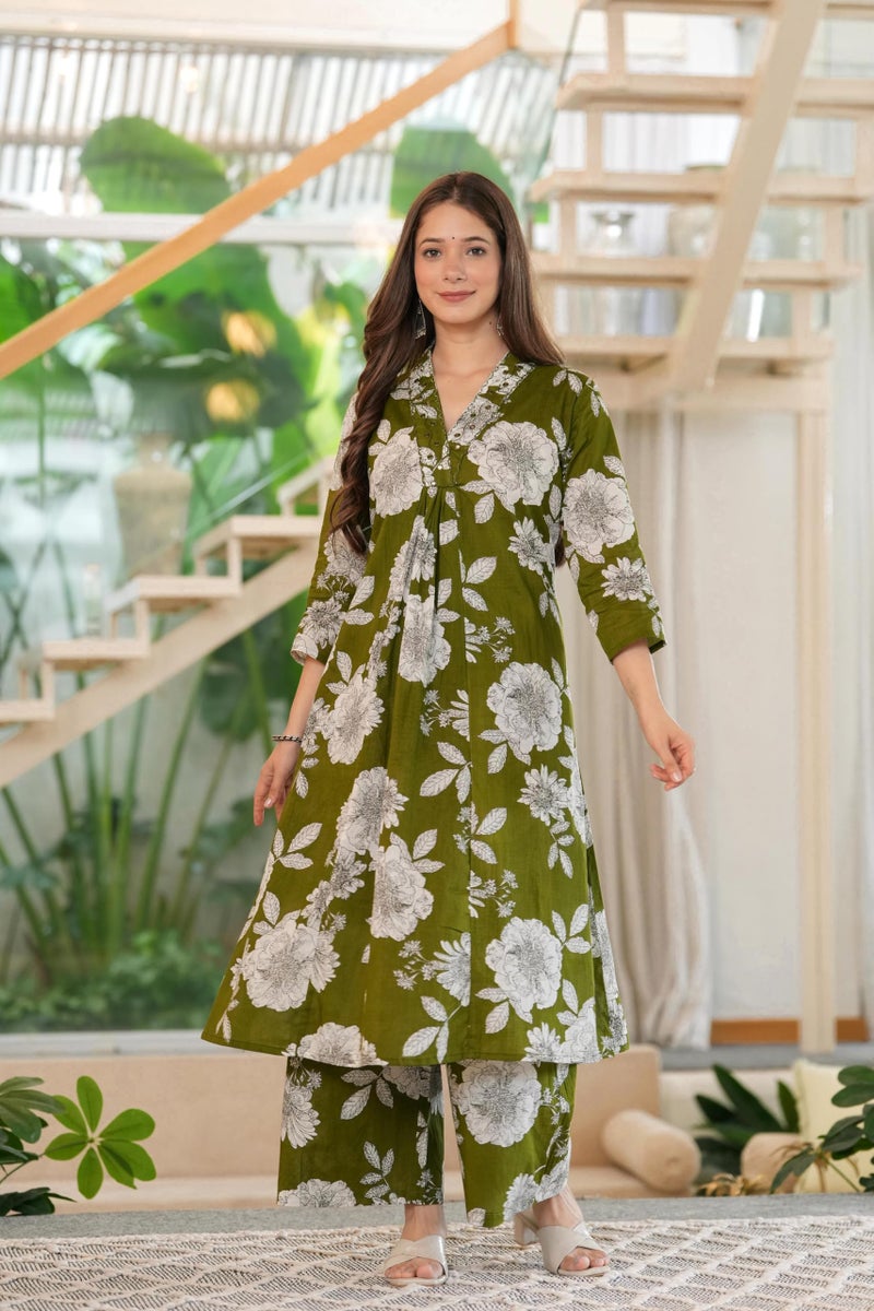 MEERA FAB Women Cotton Printed V-Neck Kurta Palazzo Set Green - Image 3