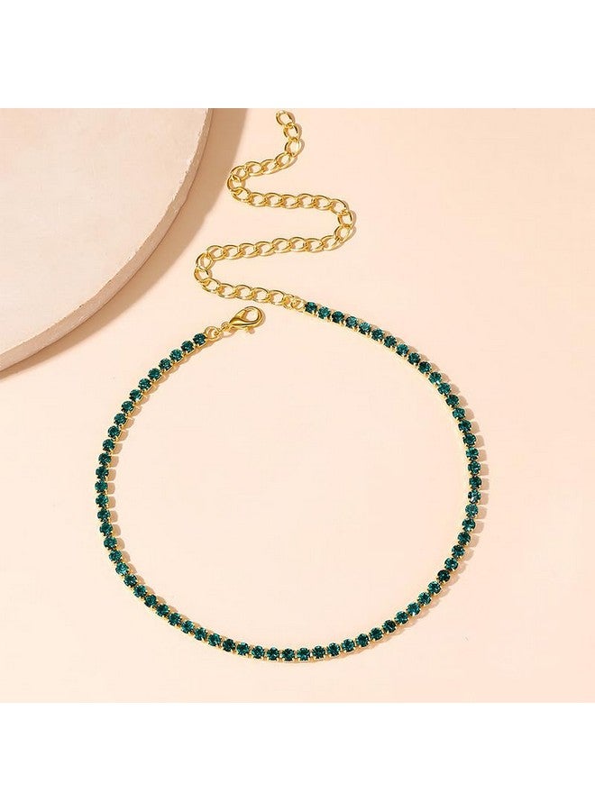 BERYUAN Sparkly Rhinestone Tennis Necklace Crystal Rhinestone Choker Necklace Simple Rhinestone Tennis Choker Necklace Dainty Rhinestone Tennis Necklace For Brides Bridesmaid (Gold Green) - Image 3
