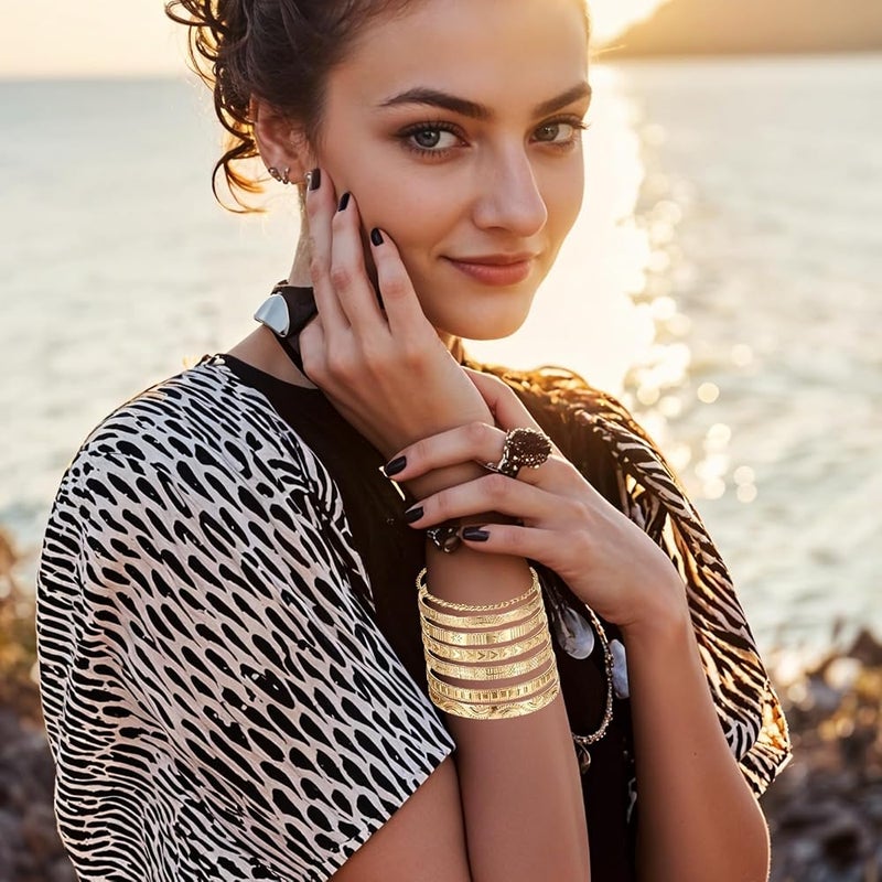 KASTWAVE 7 PCS Gold Bangle Bracelets for Women, Adjustable Stackable Cuff Bracelets Set, Multi-Layer Open Design, Lightweight and Durable, Ideal for Daily Wear or Special Occasions - Image 3
