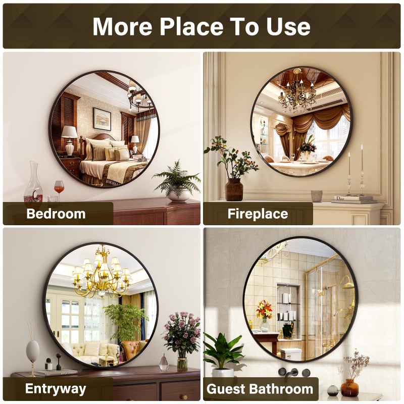 XRAMFY 30 Inch Round Mirror - Circle Mirrors for Bathroom, Entryway and Living Room Wall Decor, Modern Hanging Vanity Mirror, Matte Black Circle Decorative Wall Mirror - Image 5