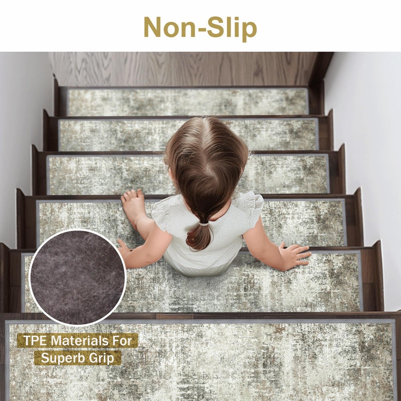 sarben Carpet Stair Treads Non Slip 15PCS, 8" X 30" Edging Stair Runner for Wooden Steps Indoor, Resistant Stair Rugs with Reusable TPE Adhesive Backing, Residue Mat for Elders, Pets, Ashstone/Grey - Image 3