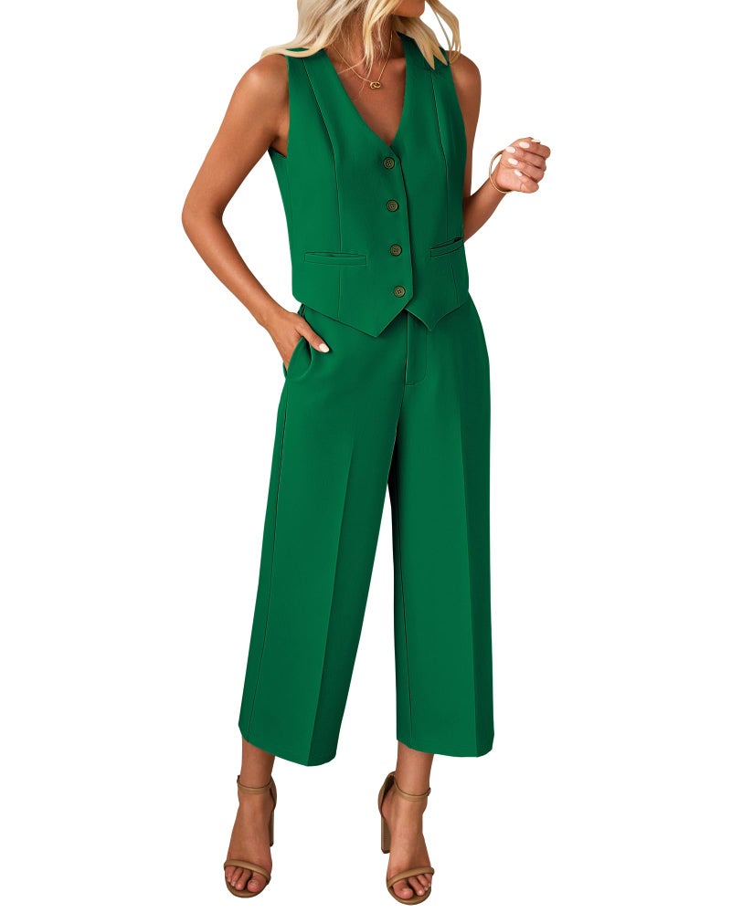 luvamia Two Piece Summer Sets Business Casual Sets for Women Woman Suits 2 Pieces Pants Business Going Out Outfits Two Piece Sets for Women Spring Jolly Green XX-Large Fits Size 20 / Size 22 - Image 1