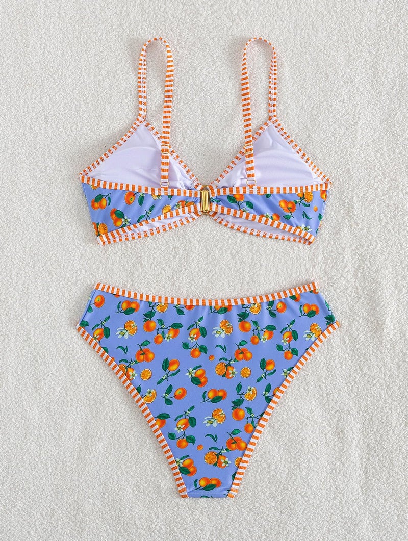Tainehs Women's Two Piece Bikini Sets O Ring Front Top Ditsy Floral Triangle Swimsuits Cheeky Bathing Suit Orange Blue - Image 5
