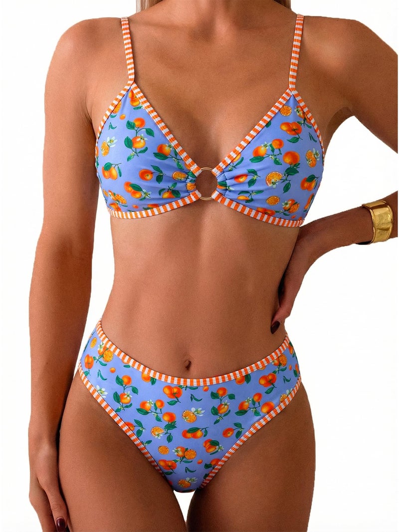 Tainehs Women's Two Piece Bikini Sets O Ring Front Top Ditsy Floral Triangle Swimsuits Cheeky Bathing Suit Orange Blue - Image 1
