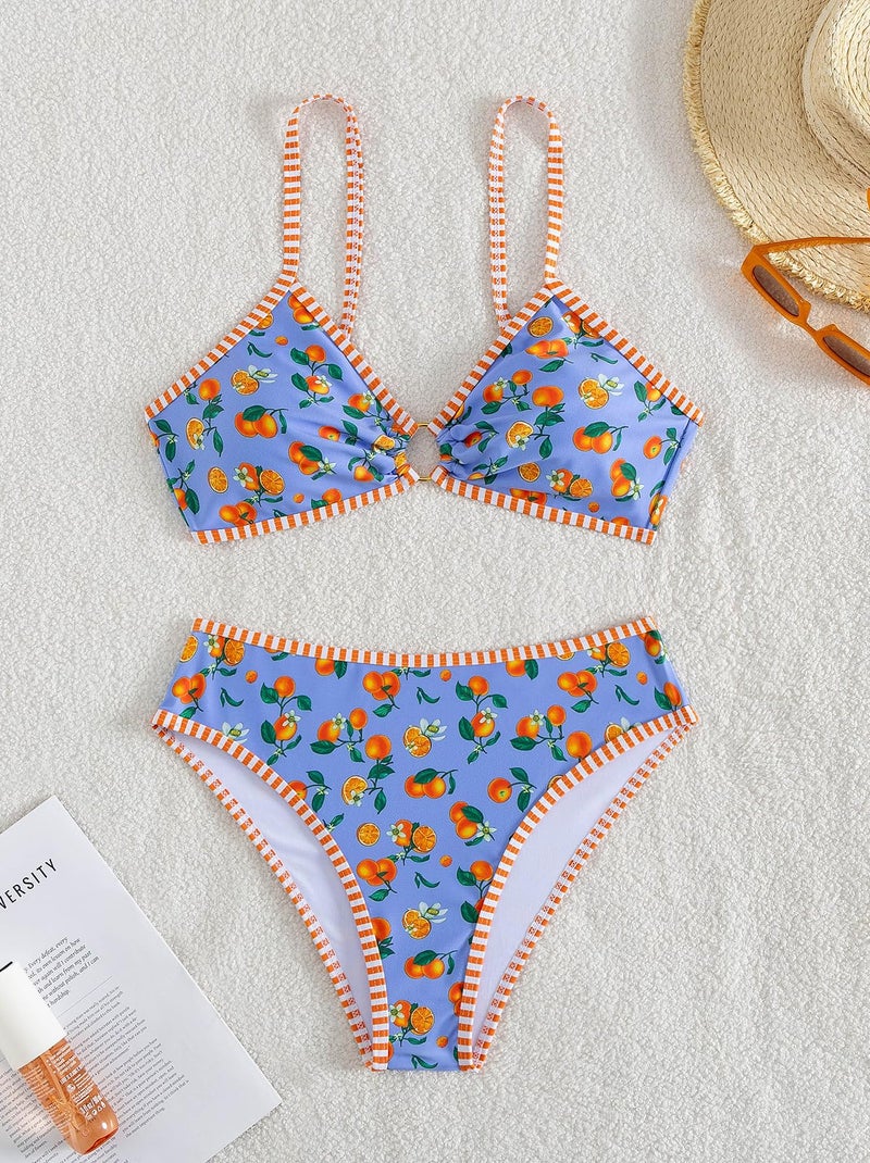 Tainehs Women's Two Piece Bikini Sets O Ring Front Top Ditsy Floral Triangle Swimsuits Cheeky Bathing Suit Orange Blue - Image 4