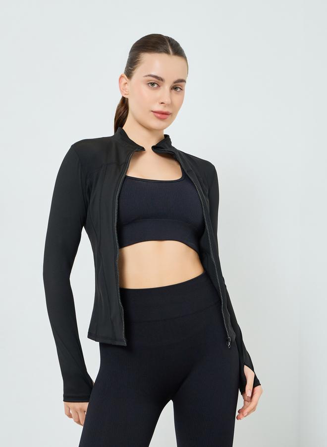Styli Active Women Black Broad Contour Thumbhole Jacket - Image 3