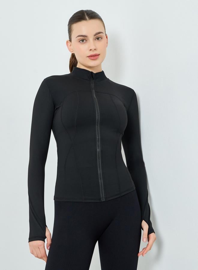 Styli Active Women Black Broad Contour Thumbhole Jacket - Image 1