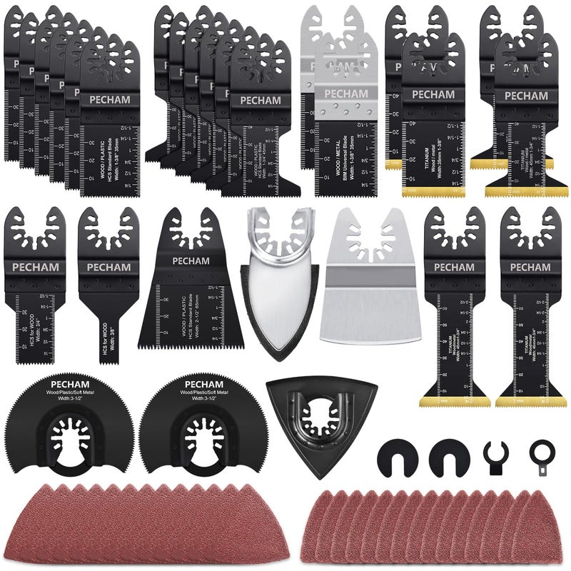 PECHAM 128PCS Oscillating Tool Blade, Wood Metal Cutting and Sandpaper Oscillating Tool Accessories with Titanium Quick Tooth Japanese Tooth Multitool Blade Fit More Oscillating Tools - Image 1