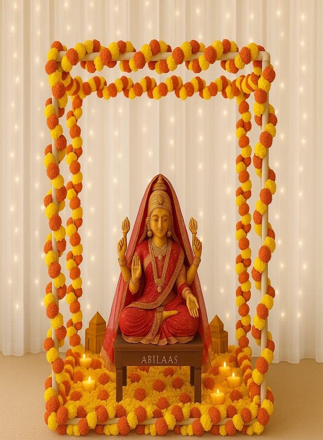 Abhaas Pooja Decoration DIY Mandap Tent Pandal with 5Pcs Marigold Garlands for Ganesh Chaturthi Home Decor Cubical Mandap | Ganesh Chaturthi/Durga Pooja (25Pcs) (Mix (Yellow+Orange), 16Inch Cube) - Image 1